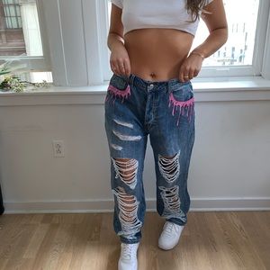 New Pretty Little Thing Jeans with Pink Drip Paint
